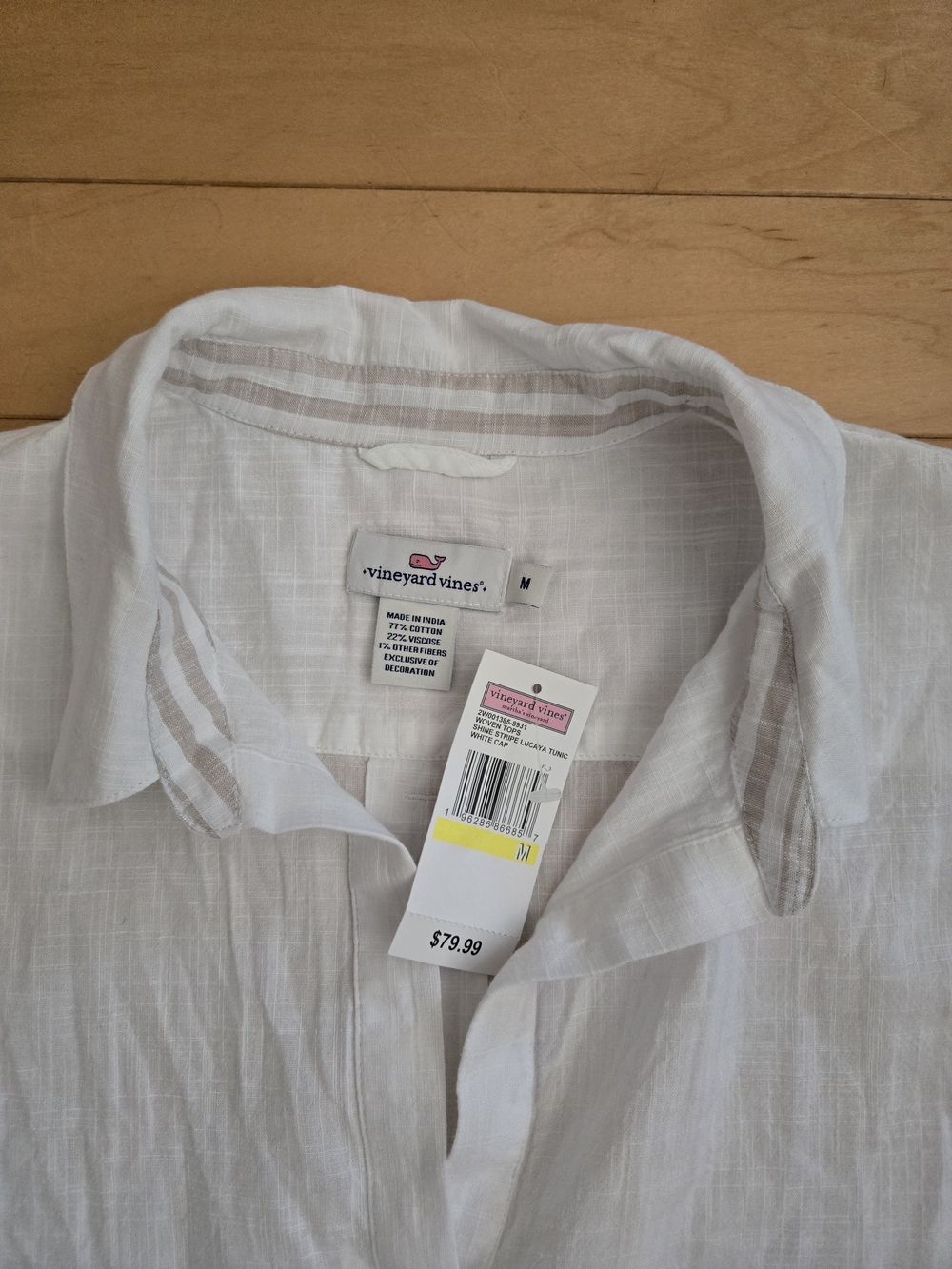 Vineyard Vines White Linen Buttonless Shirt with Tan Stripes - Picture 2 of 7